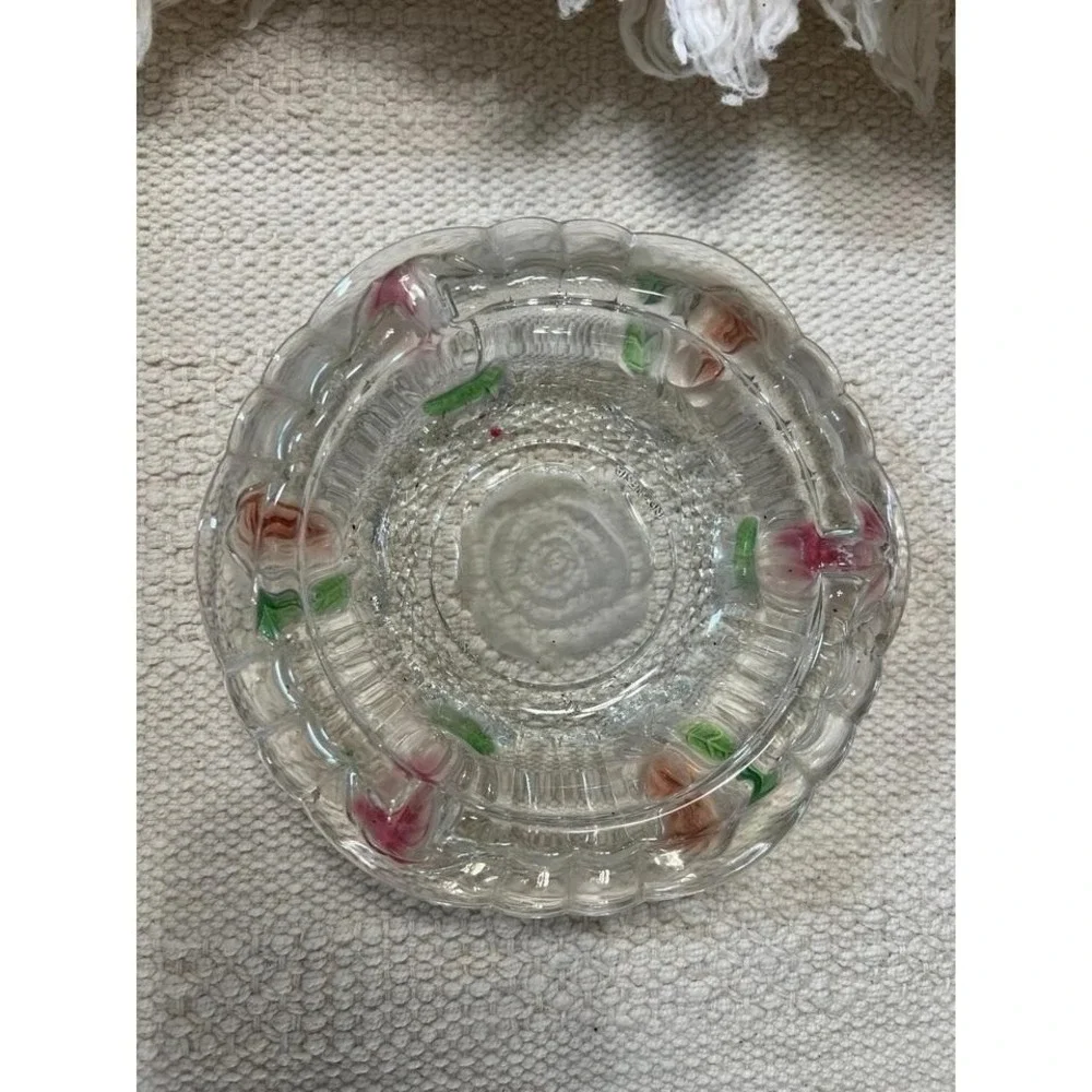 Vintage Glass Ashtray‎ With Rose Design Red & Green Accents
